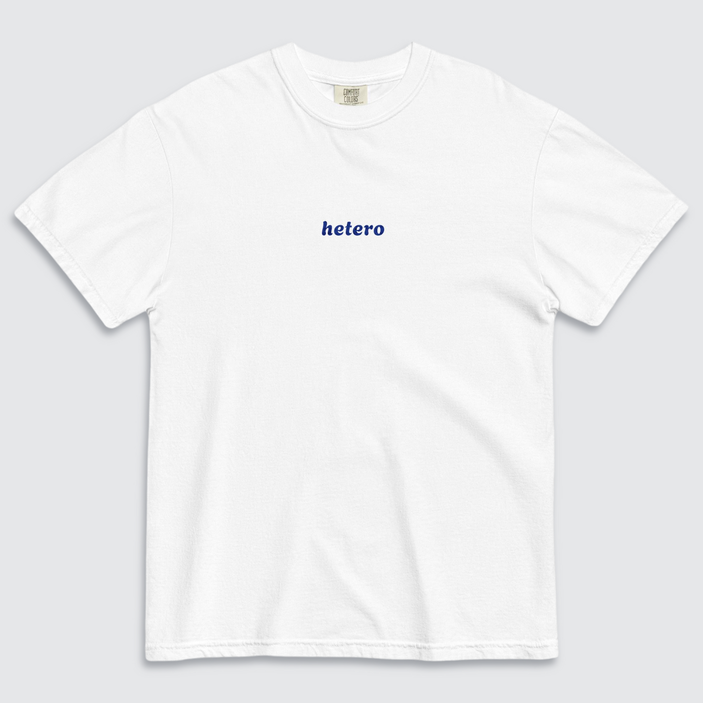White tshirt with 'hetero' text in dark blue