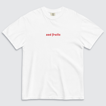 White tshirt with 'sad fruits' written in red text across the chest