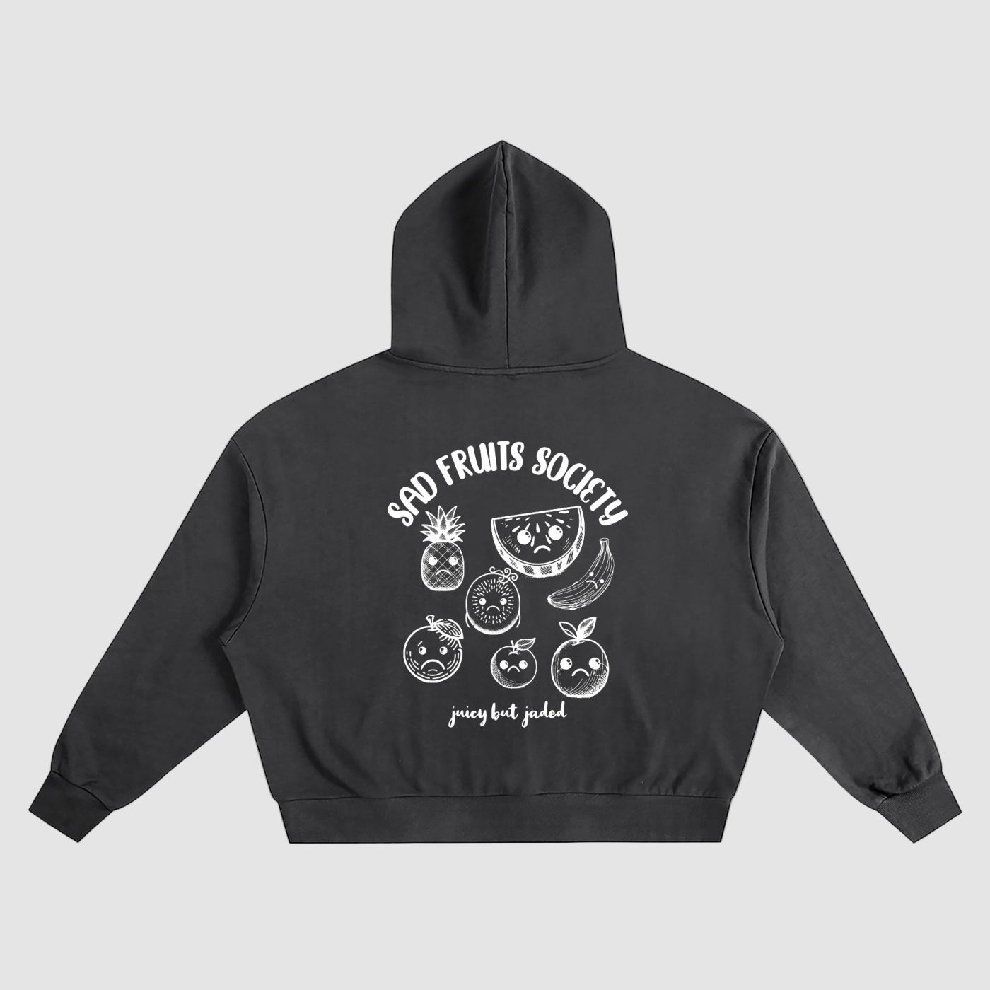 Black hoodie with fruit illustrations and text on a white background