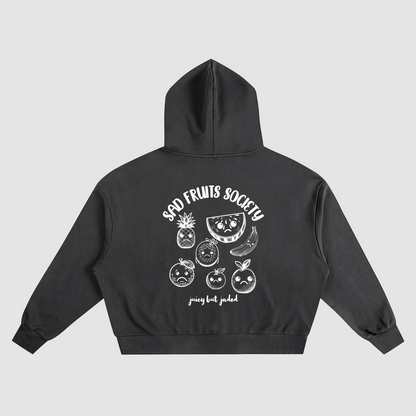 Black hoodie with fruit illustrations and text on a white background