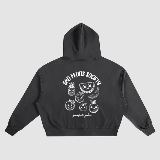 Black hoodie with fruit illustrations and text on a white background